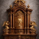 Barocker Tabernakel aus Nussbaumholz, ca. 1750, mit opulenten Schnitzereien und vergoldeten Details.