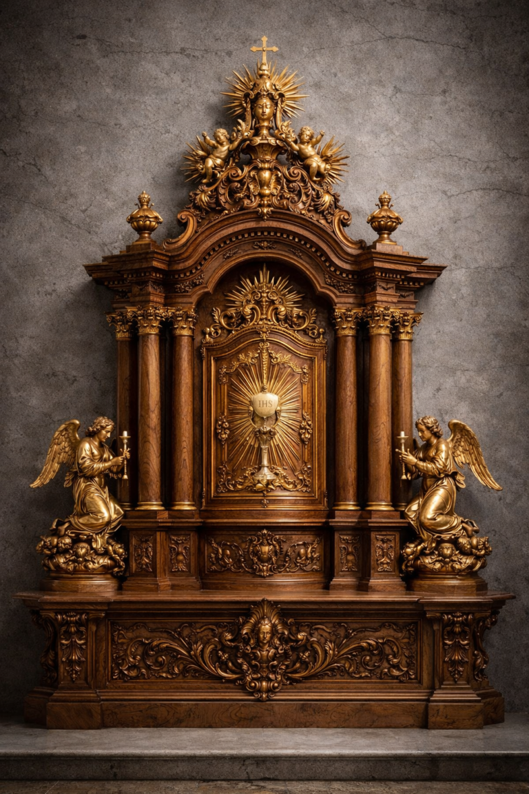 Barocker Tabernakel aus Nussbaumholz, ca. 1750, mit opulenten Schnitzereien und vergoldeten Details.
