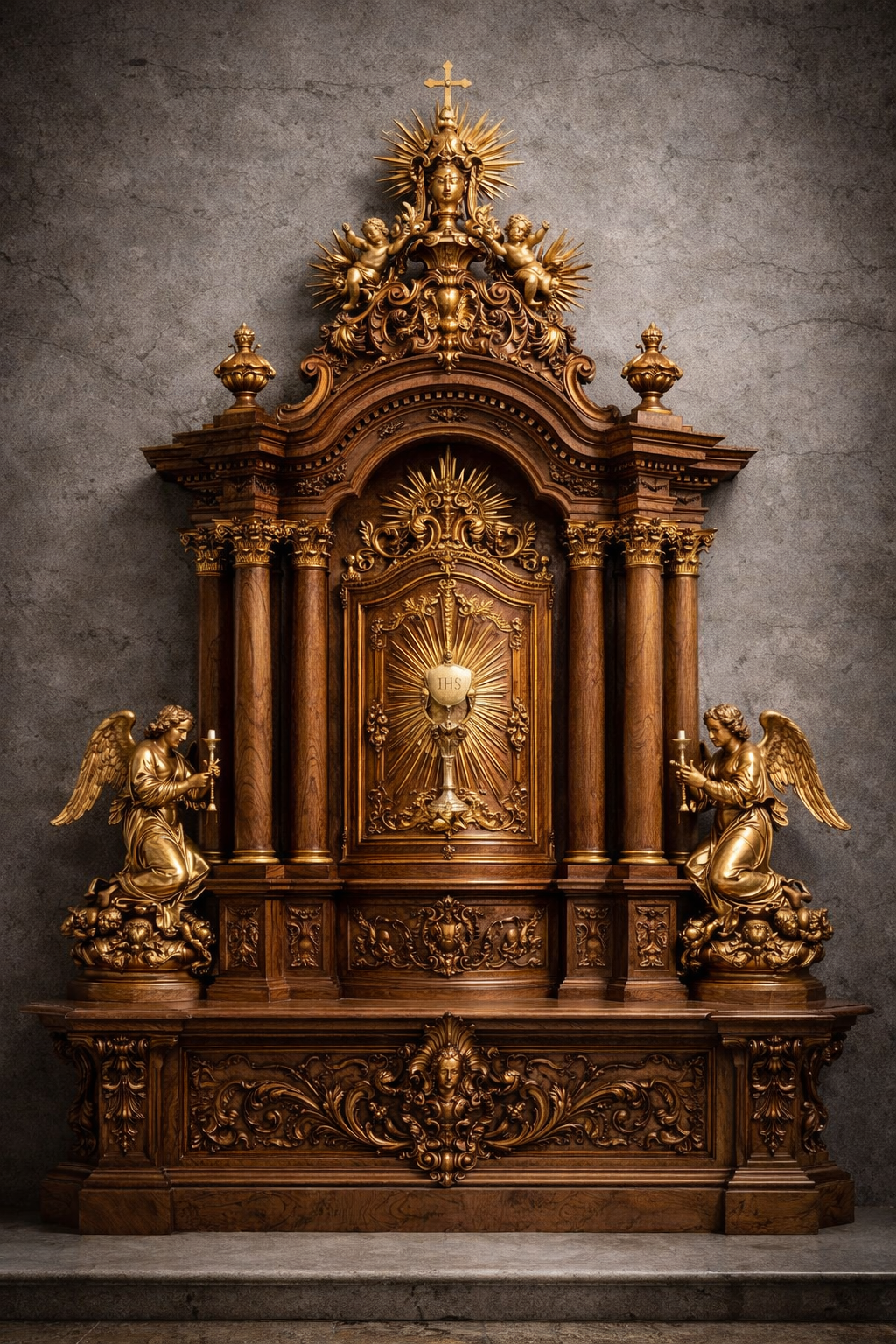 Barocker Tabernakel aus Nussbaumholz, ca. 1750, mit opulenten Schnitzereien und vergoldeten Details.