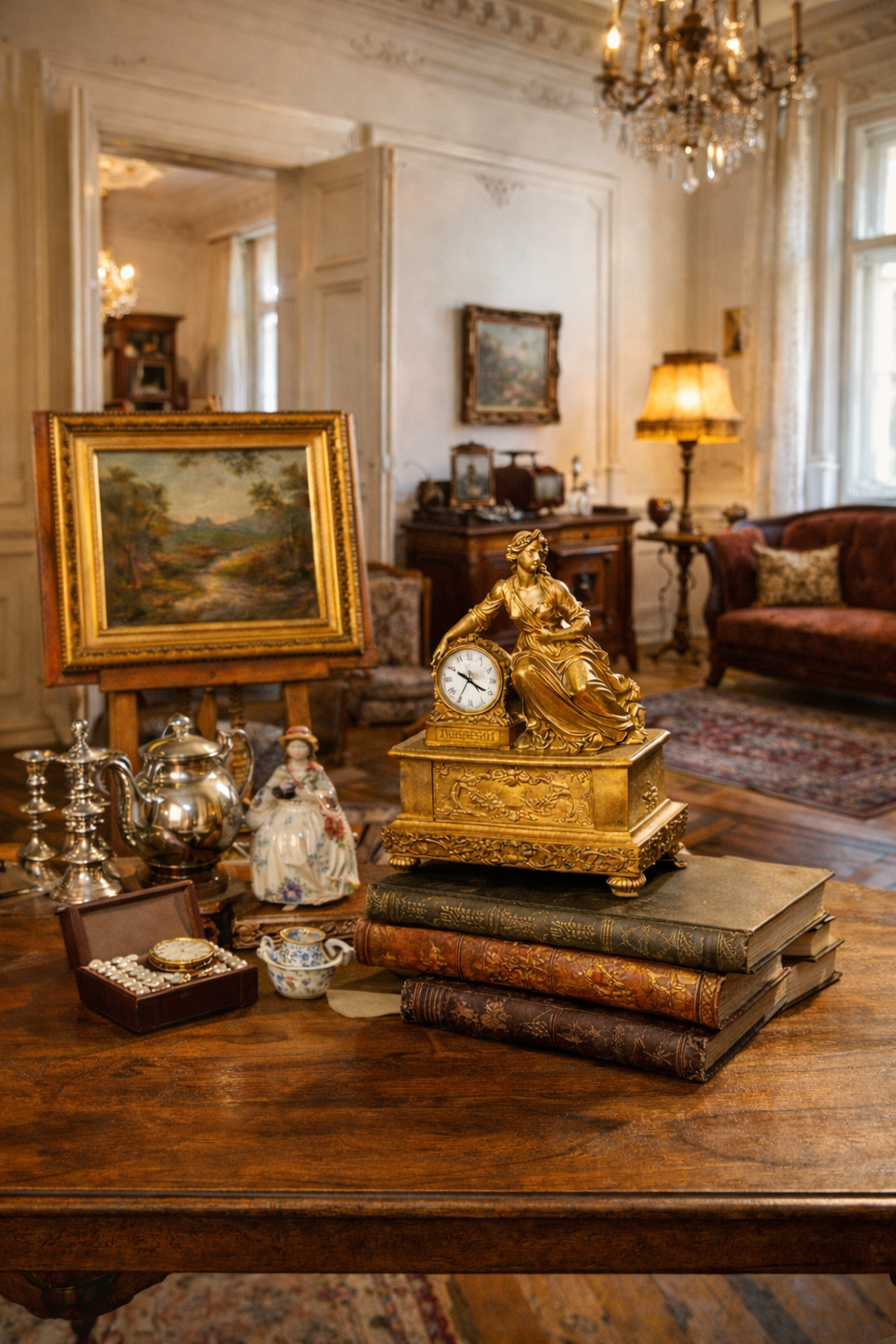 Verlassenschaft Wien Gemälde, Silber antiquitäen im Hintergrund