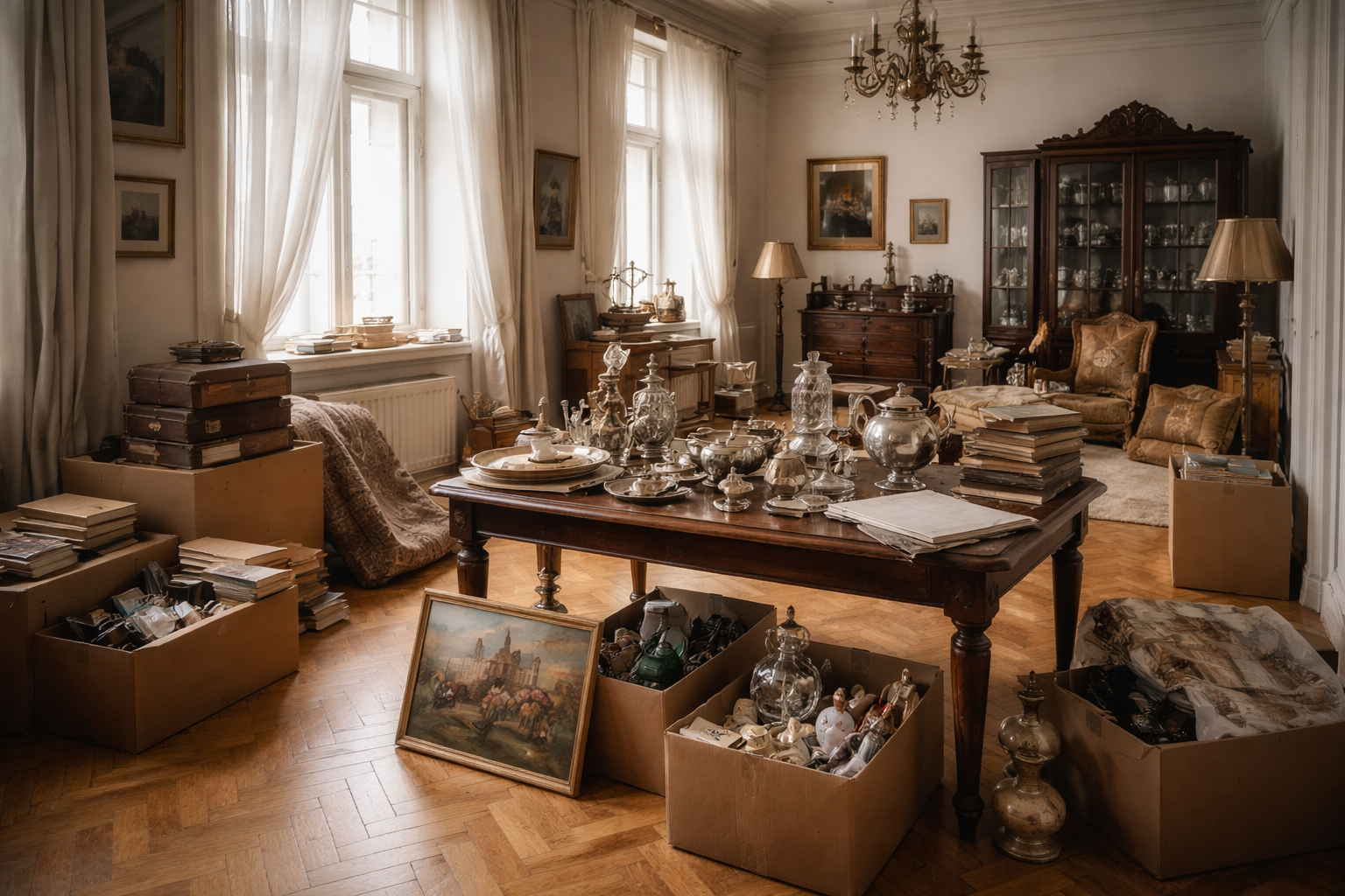 Nachlass in Wiener Altbauwohnung im 6. Bezirk mit Antiquitäten, Silbergeschirr, Kisten und gemischten Haushaltsgegenständen