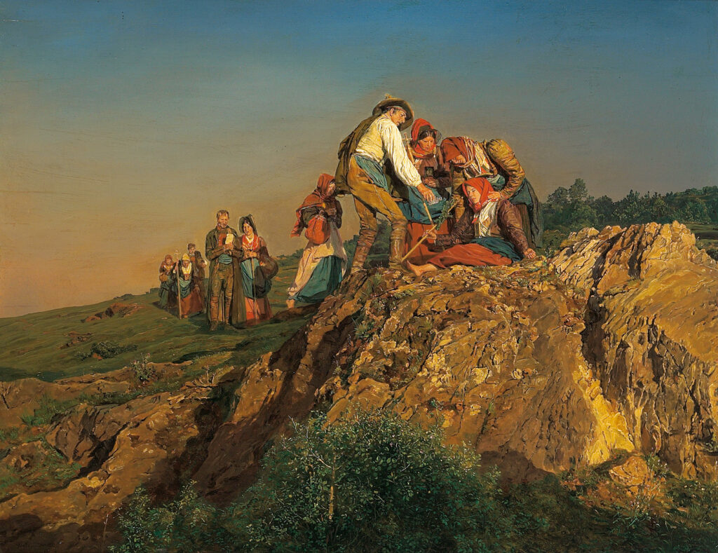 "Die unterbrochene Wallfahrt" von Ferdinand Georg Waldmüller - Palais Dorotheum, Wien, 30.11.2005, lot 86, Gemeinfrei, https://commons.wikimedia.org/w/index.php?curid=72849453
